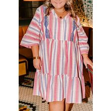 White Stripe Plus Size Embroidered Detail Flared 3/4 Sleeve V Neck Dress