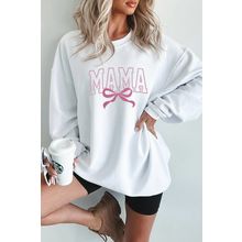 White MAMA Bowknot Embroidered Ribbed Pullover Sweatshirt