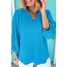 Sky Blue Frilled V Neckline Bracelet Sleeve Crinkled Blouse
