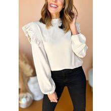 White Frilled Neck Ruffled Trim Bubble Sleeve Blouse