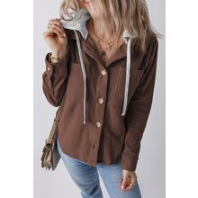 Coffee Hooded Drawstring Pockets Corduroy Shacket