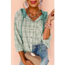 Green Checkered Print Loose Fit Buttoned Hooded Shacket