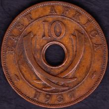 1937 KN Kenya (East Africa) 10 Cents Coin
