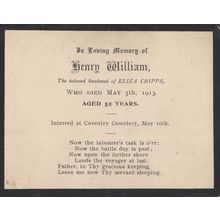 Coventry Cemetary Henry William Eliza Cripps 1913 Funeral Card