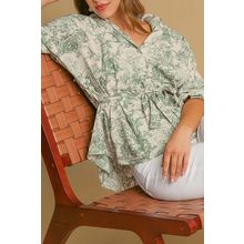 Green Landscape Print Tied 3/4 Sleeve Shirt with Sash