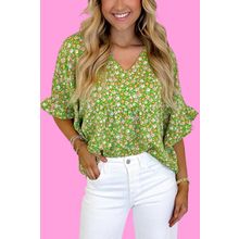 Green Floral Print Ruffle Sleeve V Neck Blouse Top