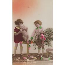 Teddy Bear Mistletoe Packed Away Happy New Year Old Tinted Postcard