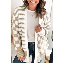 Smoke Gray Gingham Striped Knitted Open Front Cardigan