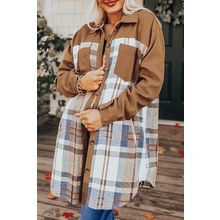 Khaki Plaid Patchwork Long Sleeve Shirt Mini Dress