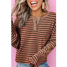 Brown Stripe Textured Frilly Trim Buttons Henley Long Sleeve Top