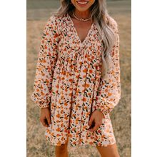 Beige Floral Deep V Neck Smocked Bust Bubble Sleeve Babydoll Dress