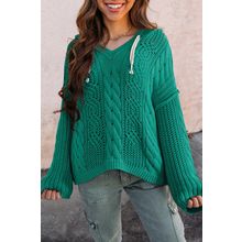Sea Green Cable Knit V Neck Contrast Drawstring Hooded Sweater