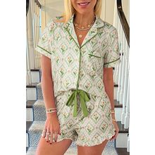 Green Floral Print Turn-down Collar Short Pajamas Set