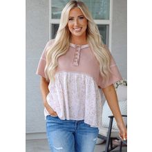 Pink Waffle Floral Patchwork Exposed Seam Detail Short Sleeve Top