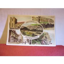 multiview, OLD HASTINGS, SUSSEX. used vintage postcard 1954 postmark.. =