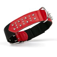 Dog Pet Leather/Nylon Collar With Spikes W 1 3/8" L 16"-20" - Red