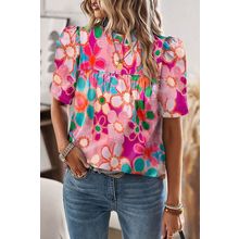 Purple Boho Flower Print Puff Short Sleeve Top