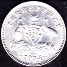 1934 Australia 1 Threepence Silver Coin