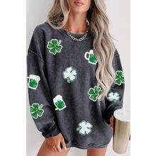 Gray Sequined Clover St Patrick Graphic Corded Sweatshirt