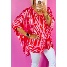 Red Abstract Print V Neck Batwing Sleeve Oversized Blouse