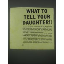 1941 Lydia E. Pinkham's Vegetable Compound Ad - What to tell your daughter
