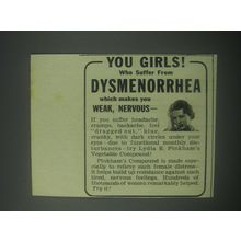 1941 Lydia E. Pinkham's Vegetable Compound Ad - girls who suffer dysmenorrhea