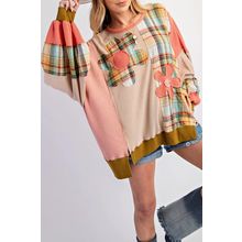 Multicolour Waffle Knit Plaid Patchwork Side Slits Loose Sweatshirt