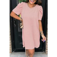 Blossom Corded Knit Crew Neck Puff Sleeve Shift Mini Dress