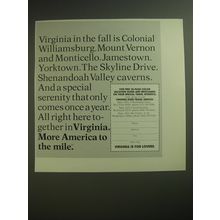 1974 Virginia Tourism Ad - Virginia in the fall is Colonial Williamsburg
