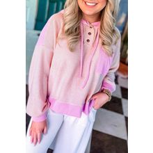 Light Pink Corded Colorblock Patch Pocket Drawstring Hooded Top