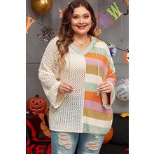 Beige Pointelle Knit Colorblock Patchwork V Neck Hooded Plus Sweater