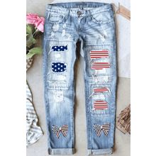 Light Blue Stars and Stripes Bow Patched Distressed Straight Jeans