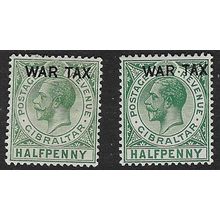 GIBRALTAR 1918 WAR TAX OVERPRINT ON 1/2d GEORGE V 2 X SHADES MINT SG86