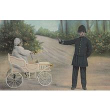 The Strong Arm Of The Law Policeman Stops Child Driver Old Postcard