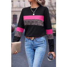 Rose Leopard Colorblock Patchwork Crew Neck Long Sleeve Tee
