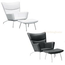 BLACK WHITE MID-CENTURY MODERN WINGED LEATHER STAINLESS CHAIR OTTOMAN DANISH