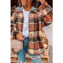 Orange Hooded Plaid Button Front Shacket