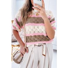 Brown Stripe Color Block Hollow Out Crochet Half Sleeve Sweater