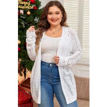 White Plus Size Eyelet Knit Open Front Cardigan