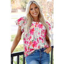 Rose Floral Print Flutter Sleeve Round Neck Casual Blouse