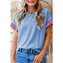 Sky Blue Leopard Patchwork Corded Knit Crew Neck T Shirt