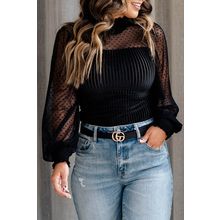 Black Sheer Dotty Long Sleeve Ribbed Velvet Bodysuit