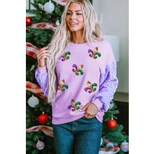Orchid Petal Sequin Patchwork Long Sleeve Fleur de Lis Patched Pattern Top
