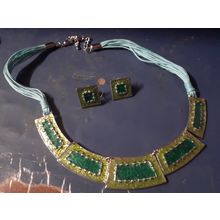 womens green metallic necklace with matching pierced earrings