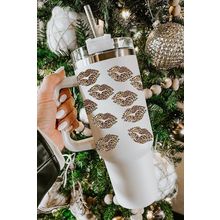 White Valentine Leopard Lips Print Thermos Cuo with Straw