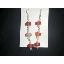 Lovely red brown white banded button agate & white glass swing earrings