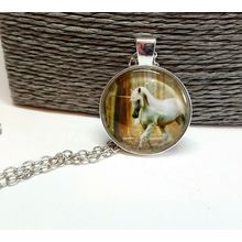 Magical White Unicorn in Woodland Glass Cabochon Pendant Silver Necklace Gift