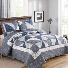 Full Queen Size Patchwork Quilt Set Grey Floral Reversible Quilted Bedspread Cov