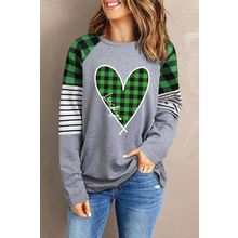 Green Lucky Plaid Heart Striped Color Block Long Sleeve Top