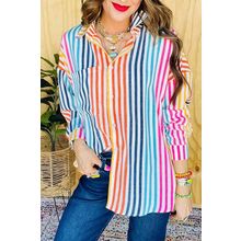 Orange Stripe Multicolor Drop Shoulder Loose Shirt